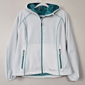 Eddie Bauer Jacket Women's White Green Fleece Plush Lined Hooded Full Zip S